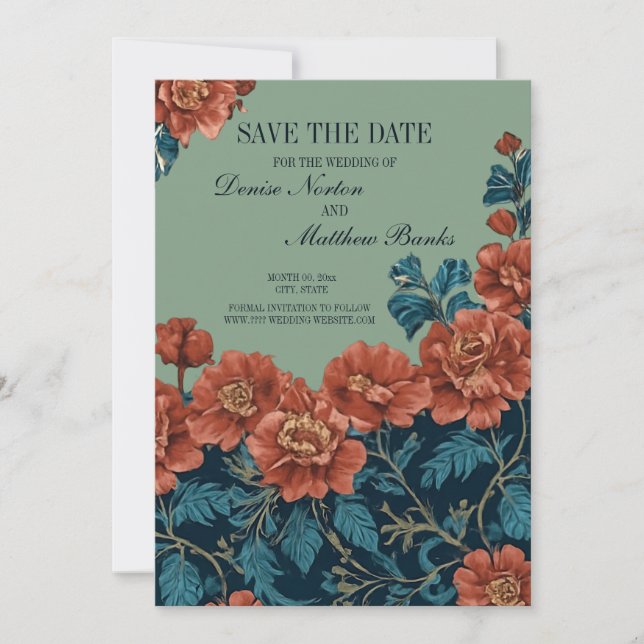 Save The Date Photo Back Navy et Basil Green Floral (Devant)