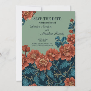 Save The Date Photo Back Navy et Basil Green Floral
