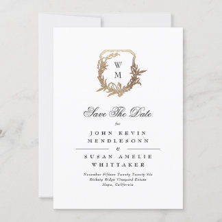 Save The Date Photo Black Forme Blanc Monogramme Gold Crest