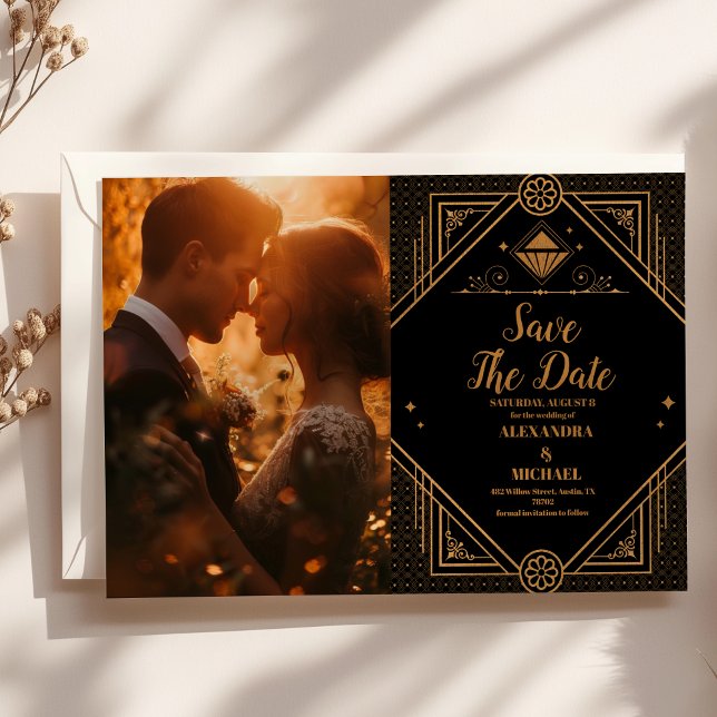 Save The Date Photo Black Gold Mariage Art Déco géométrique (Créateur téléchargé)