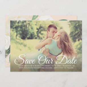 Save The Date Photo Blush Gold et Green Floral Mariage