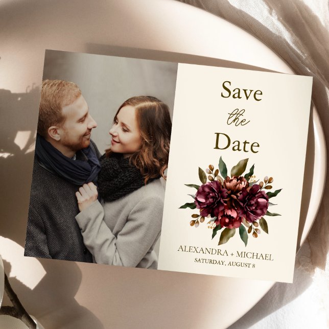 Save The Date Photo Boho Automne Bourgogne Floral Mariage (Créateur téléchargé)