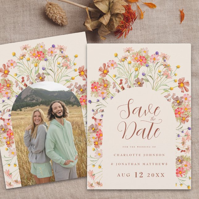 Save The Date Photo Boho Fall Rustic Fleur sauvage Arch Mariage (Arch photo boho fall rustic wildflower terracotta burnt orange & beige wedding save the date invite)