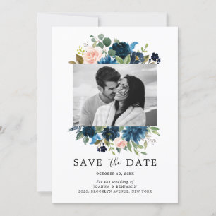Save The Date Photo botanique bleu bleu rose pâle Marine