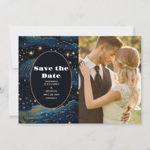 Save The Date Photo Céleste Nuit Bleue Étoiles Lune Mariage