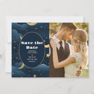 Save The Date Photo Céleste Nuit Bleue Étoiles Lune Mariage