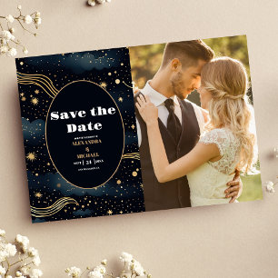 Save The Date Photo Céleste Nuit Bleue Étoiles Lune Mariage