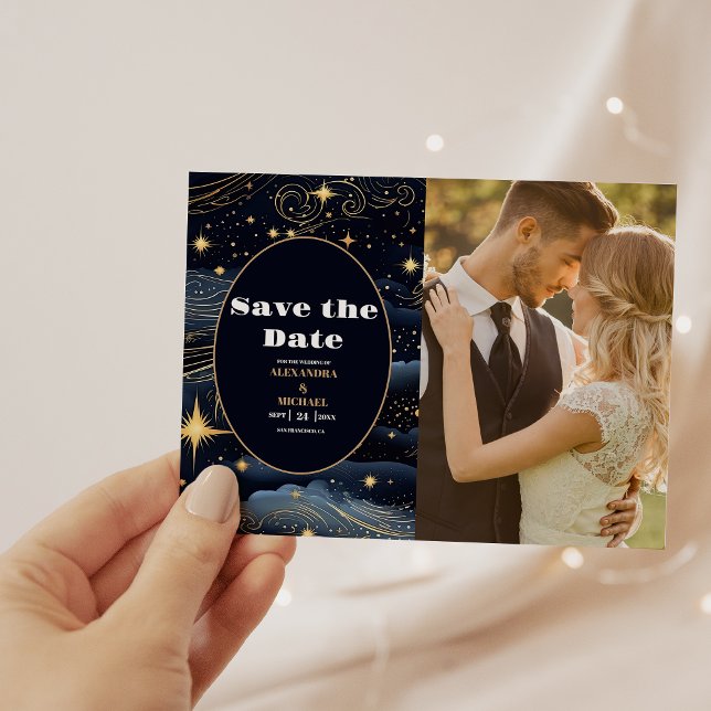 Save The Date Photo Celestial Midnight Blue Stars Moon Mariage (Créateur téléchargé)