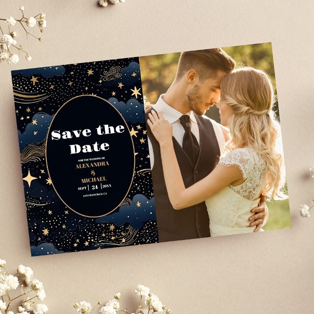 Save The Date Photo Celestial Midnight Blue Stars Moon Mariage (Créateur téléchargé)