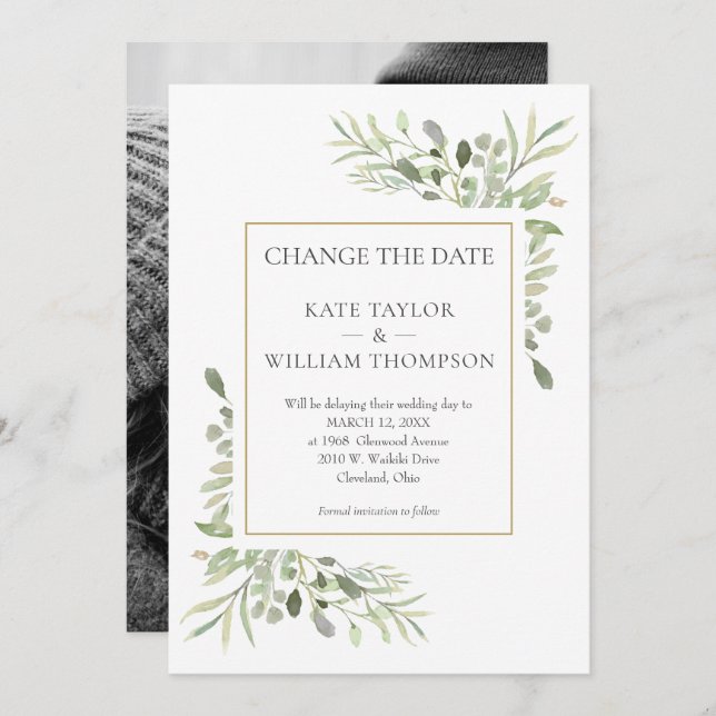 Save The Date Photo Changer la date Aquarelle Feuille (Devant / Derrière)