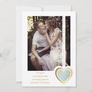 Save The Date Photo Chic Elegant Light Blue & Gold Effect Heart