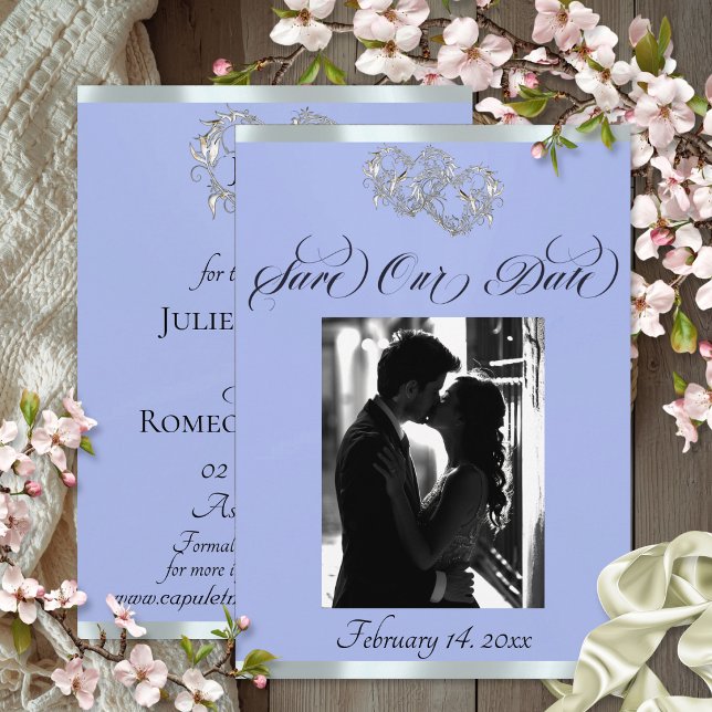 Save The Date Photo, Cœurs et Ruban - Bleu/Argent (Créateur téléchargé)