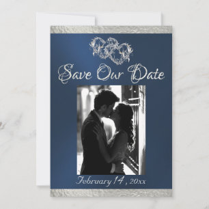 Save The Date Photo, Coeurs et Ruban - Bleu/Argent