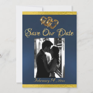 Save The Date Photo, Coeurs et Ruban - Bleu/Or