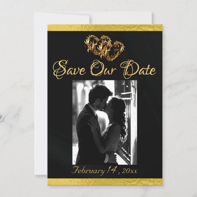 Save The Date Photo, Coeurs et Ruban - Noir/Or (Devant)