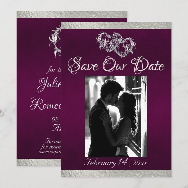 Save The Date Photo, Coeurs et Ruban - Violet/Argent (Devant / Derrière)