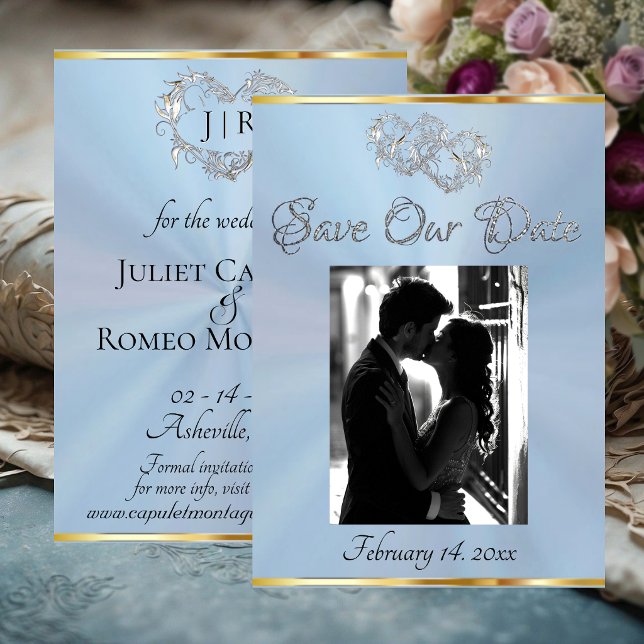 Save The Date Photo, Cœurs & Ruban - Bleu pastel/Argenté (Créateur téléchargé)