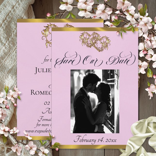 Save The Date Photo, Cœurs & Ruban - Perle Rose/Or (Créateur téléchargé)