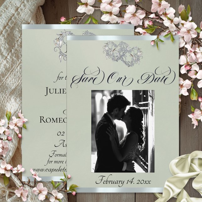 Save The Date Photo, Cœurs & Ruban - Sage Perle/Argent (Créateur téléchargé)