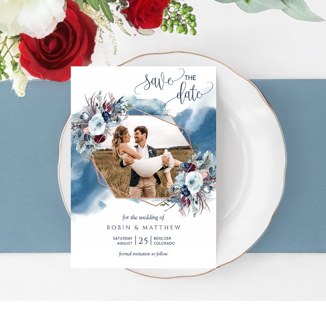 Save The Date Photo Collage, Bleu, Violet, Aquarelle Bourgogne (Créateur téléchargé)