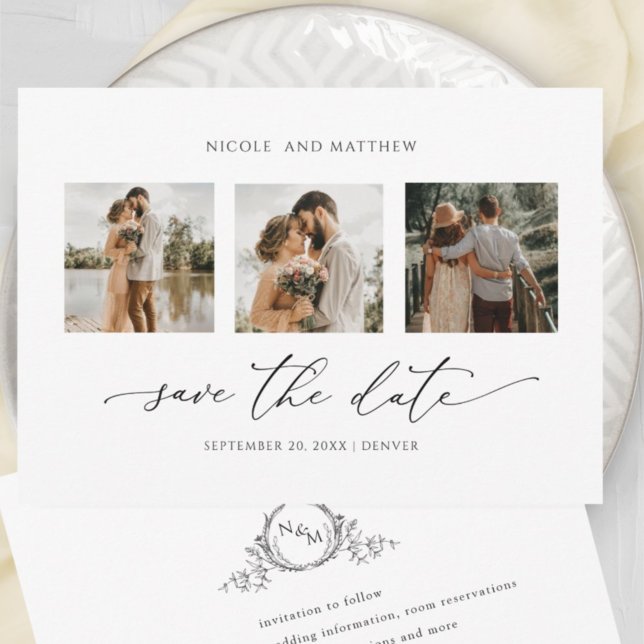 Save The Date Photo Collage Elegant Minimum Monogram Wedding (Créateur téléchargé)