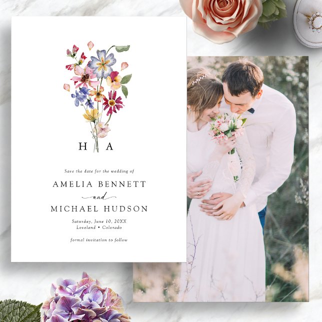 Save The Date Photo coloré avec monogramme (Colorful Watercolor Floral Monogrammed Photo Save The Date by Painted Paperie
)