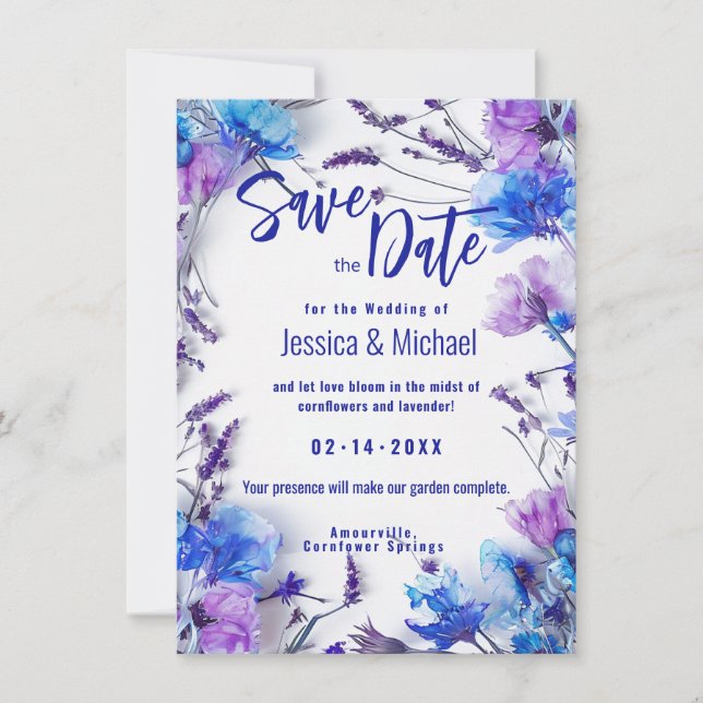 Save The Date Photo Cornflowers et Lavender Elegance (Devant)