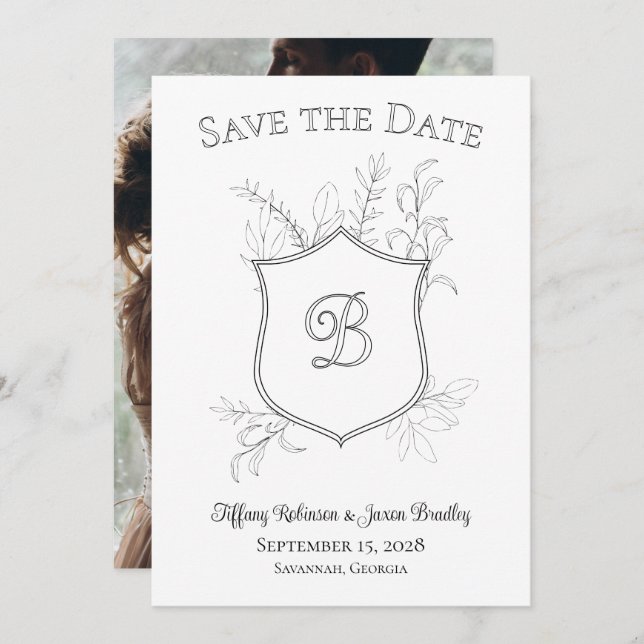 Save The Date Photo Crest Monogramme classique noir et blanc (Devant / Derrière)