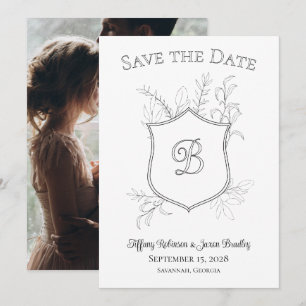 Save The Date Photo Crest Monogramme classique noir et blanc
