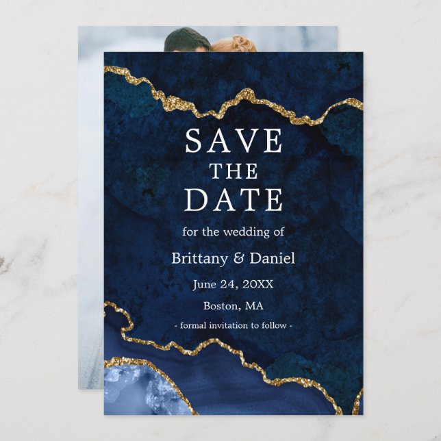 Save The Date Photo d'agate géode de marbre bleu à l'aquarelle é (Devant / Derrière)