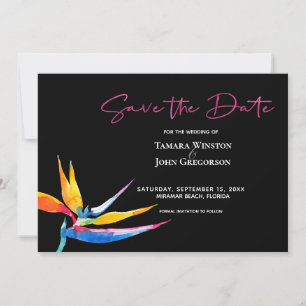 Save The Date Photo Dark Tropical Bird of Paradise Beach Wedding
