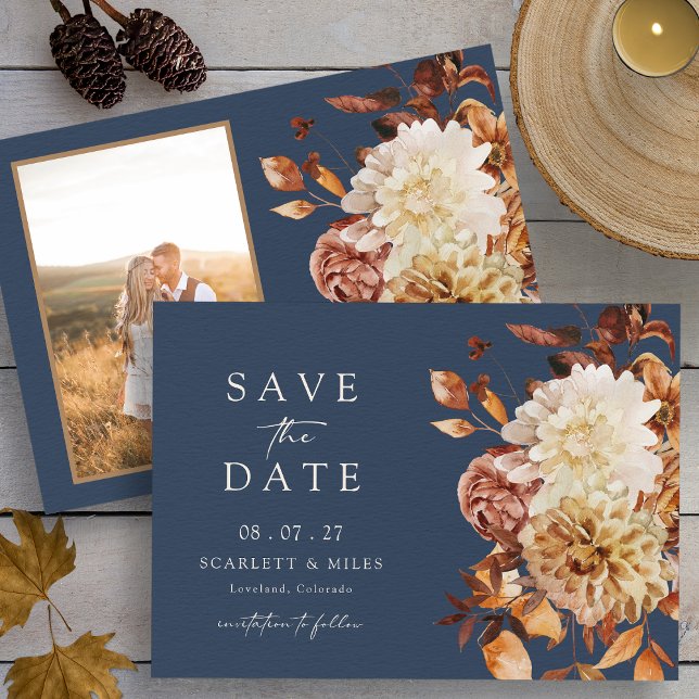 Save The Date Photo d'automne Navy (Watercolor Navy Blue Autumn Floral with Photo Save The Date by Painted Paperie
)