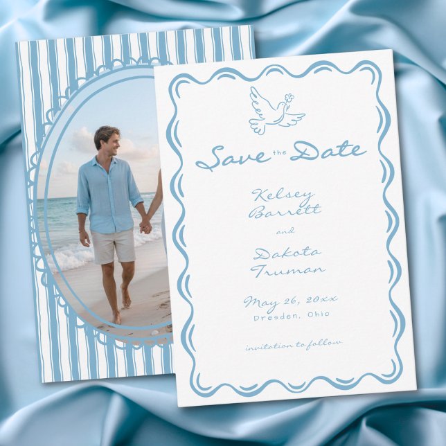 Save The Date Photo de bande florale dessinée à la main en bleu  (Whimsical Blue Hand Drawn Floral Stripe Photo Save The Date)