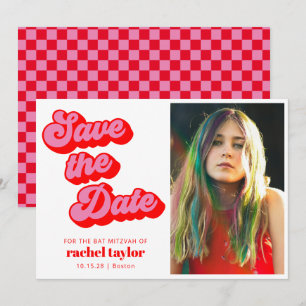 Save The Date Photo de Bat Mitzvah à carreaux rétro rose rouge