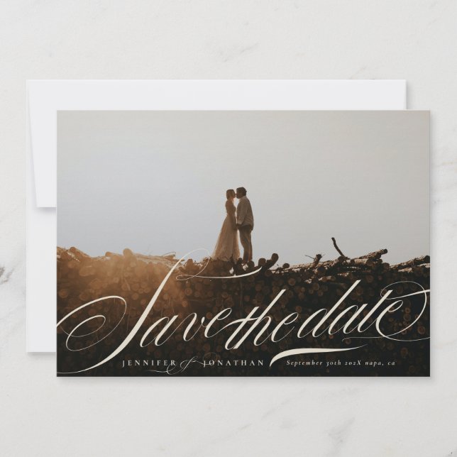 Save The Date Photo de code QR de calligraphie beige élégant for (Devant)