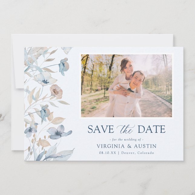 Save The Date Photo de fleurs bleu poussiéreux (Devant)