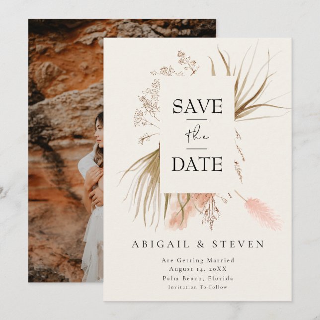 Save The Date Photo de gazon de Pampas Boho | Mariage Tropical M (Devant / Derrière)
