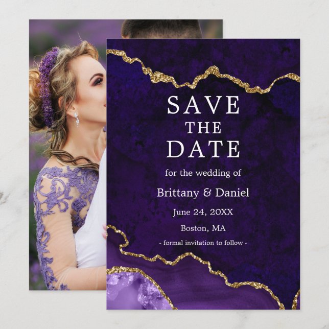 Save The Date Photo de géode d'agate de marbre violet à l'aquare (Devant / Derrière)