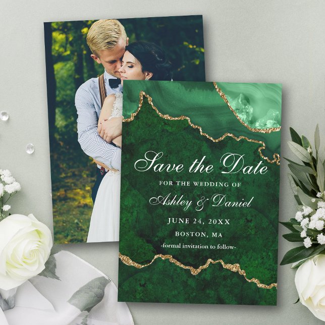 Save The Date Photo de géode d'agate en marbre vert aquarelle or (Customize to change text size or text style.)