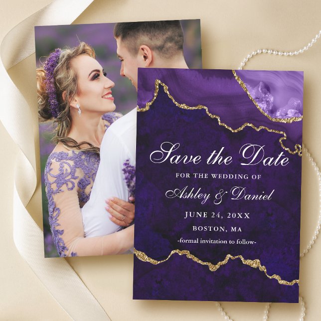 Save The Date Photo de géode d'agate marbre or violet aquarelle (Customize to change text size or text style.)
