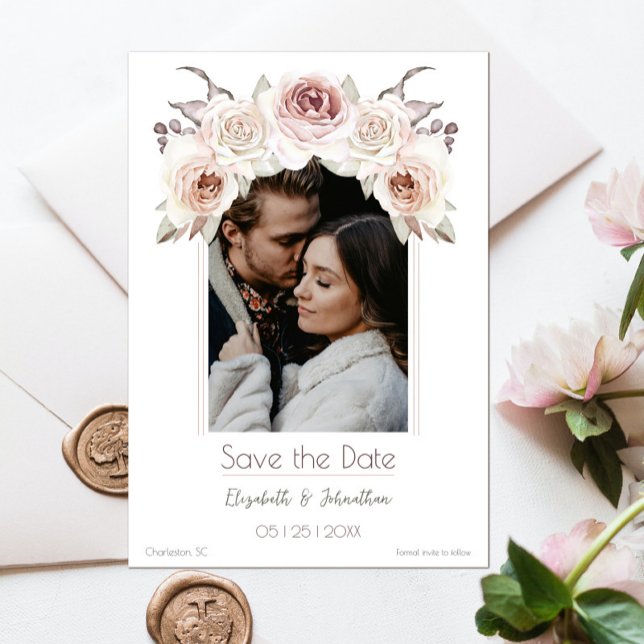 Save The Date Photo de l'arche de rose bohème  (Bohemian Rose Arch Photo Save the Date)