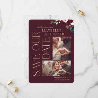 Save The Date Photo de marbre d'or Rose de la marine bordeaux