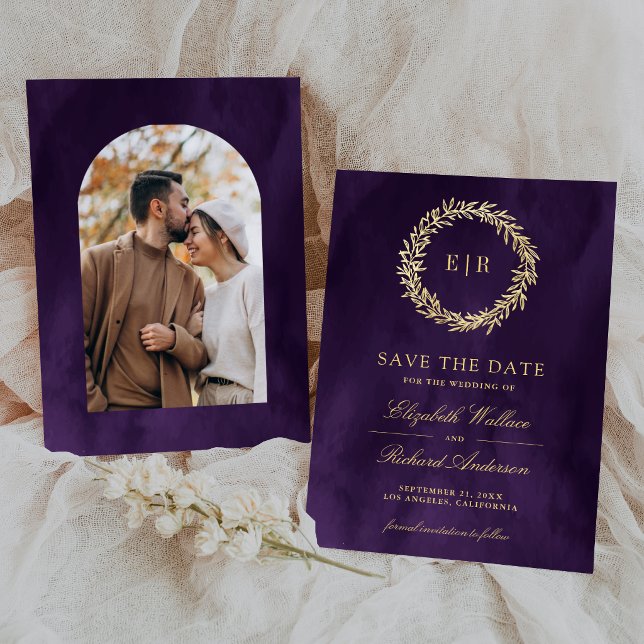 Save The Date Photo de mariage à branche de feuille d'or violet  (Créateur téléchargé)