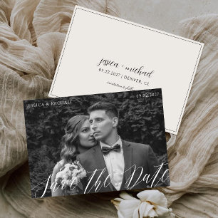 Save The Date Photo de mariage à la calligraphie noire et blanch