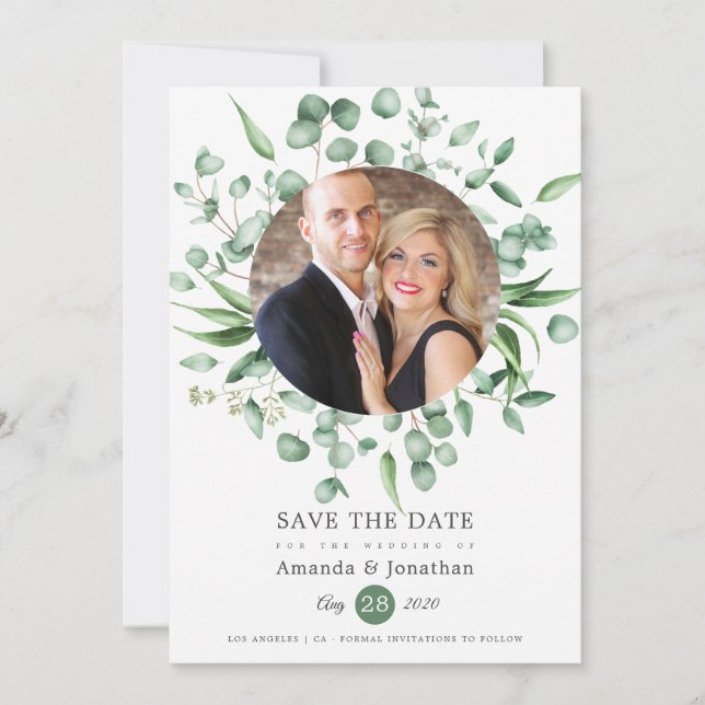 Save The Date Photo de mariage à la verdure d'eucalyptus (Devant)