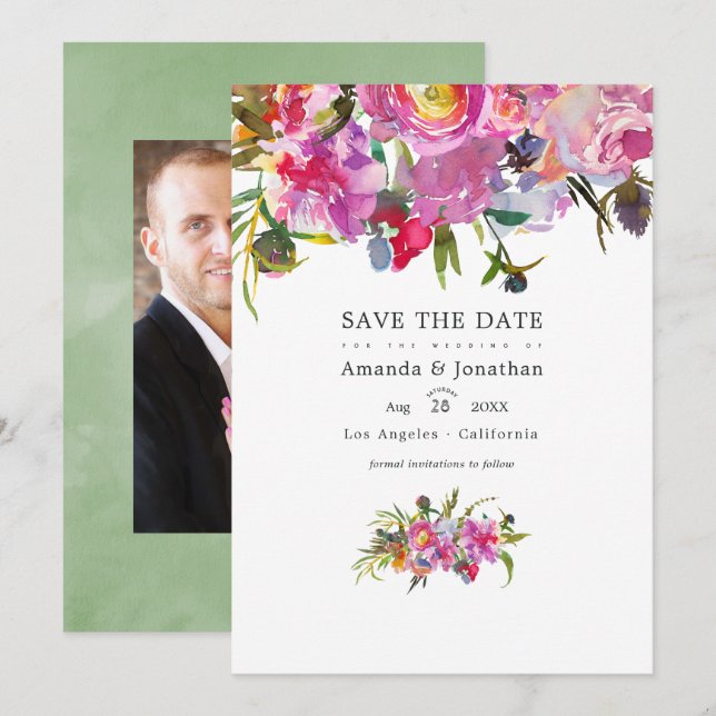 Save The Date Photo de mariage à l'aquarelle de pivoines roses v (Devant / Derrière)