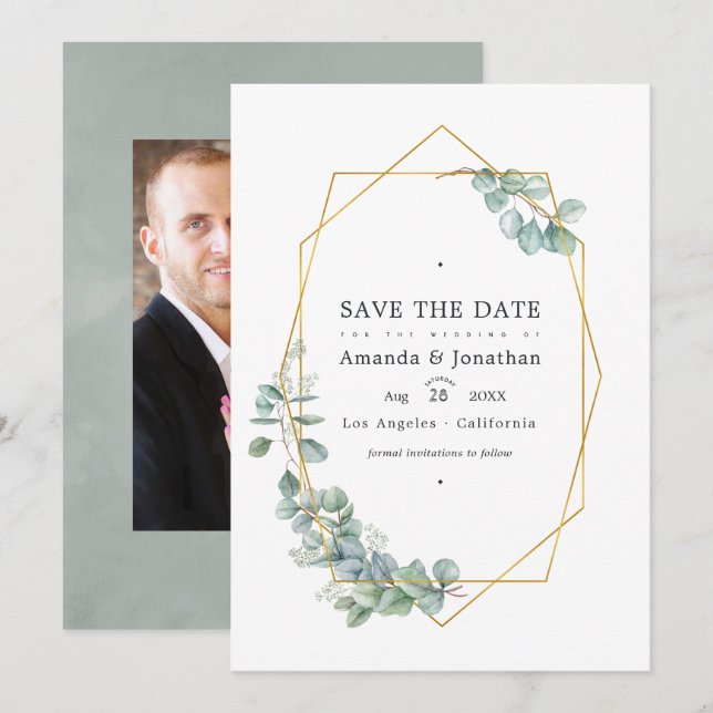 Save The Date Photo de mariage à l'eucalyptus en forêt aquarelle (Devant / Derrière)
