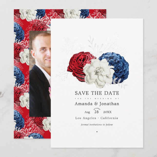 Save The Date Photo de mariage américain USA rouge blanc et bleu (Devant / Derrière)