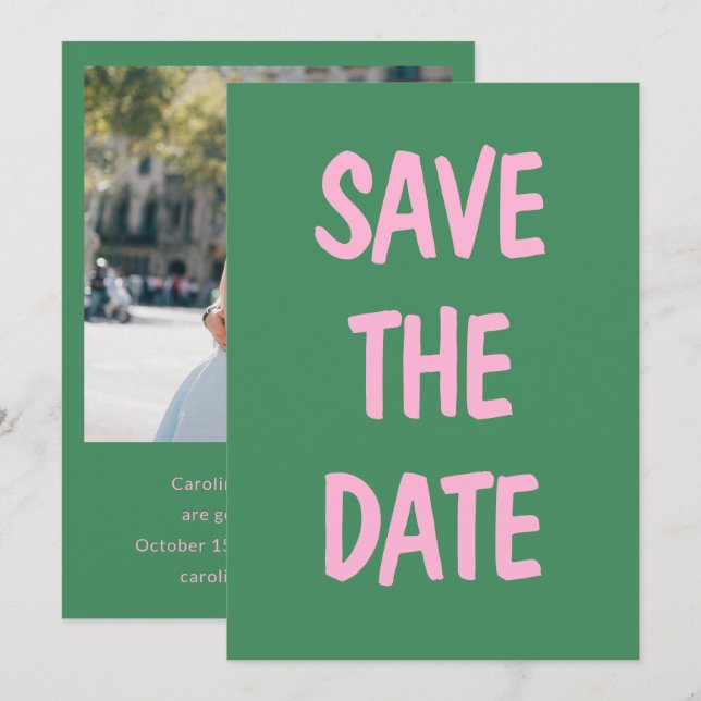 Save The Date Photo de Mariage Amusante Verte et Rose (Devant / Derrière)