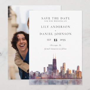 Save The Date Photo de mariage aquarelle sur la skyline de Chica